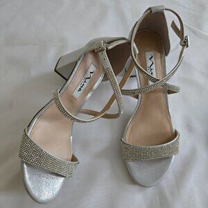 Nina Rhinestone Silver Strappy Sandal SZ 6.5M